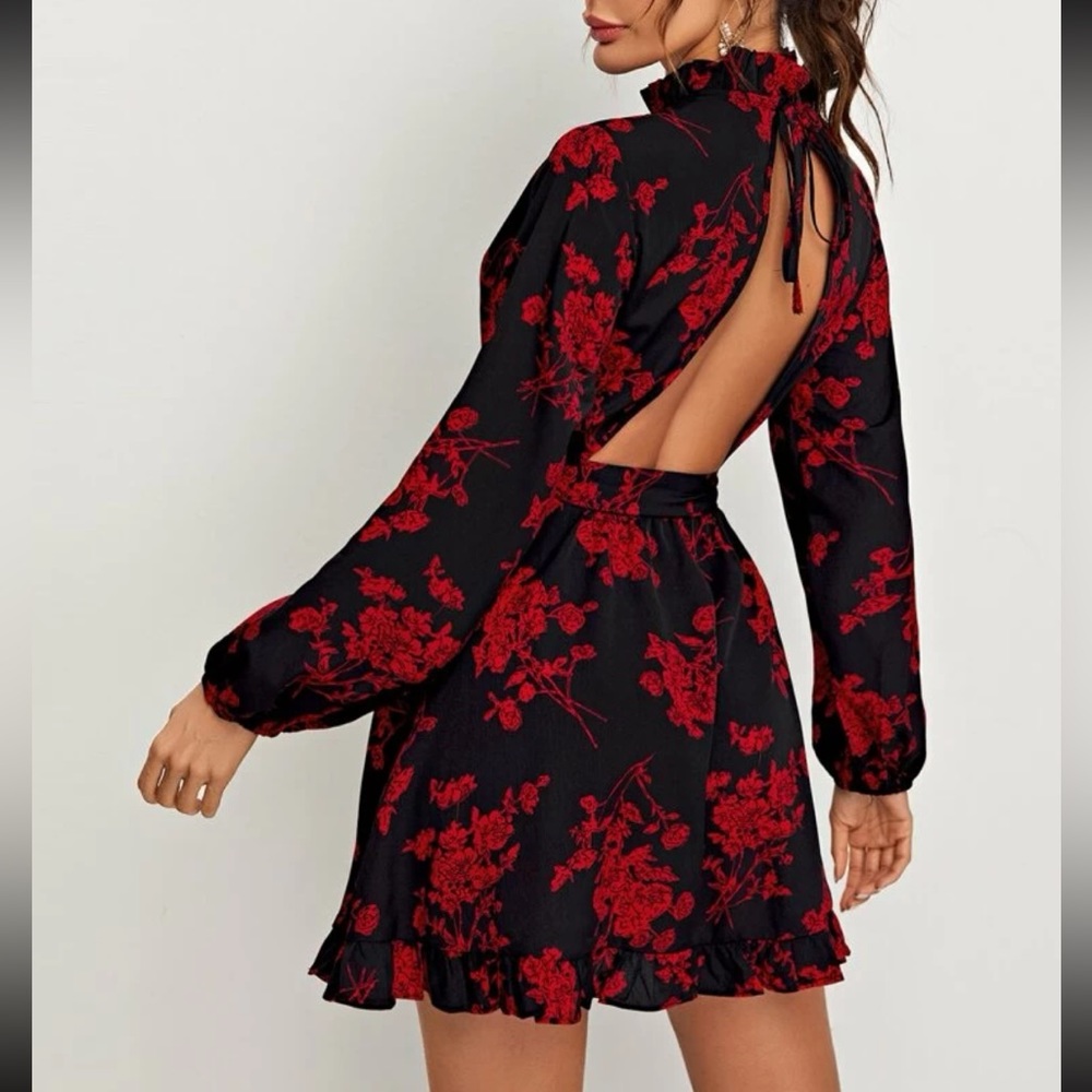 Floral Print Tied Cutout Back Self Belted Dress